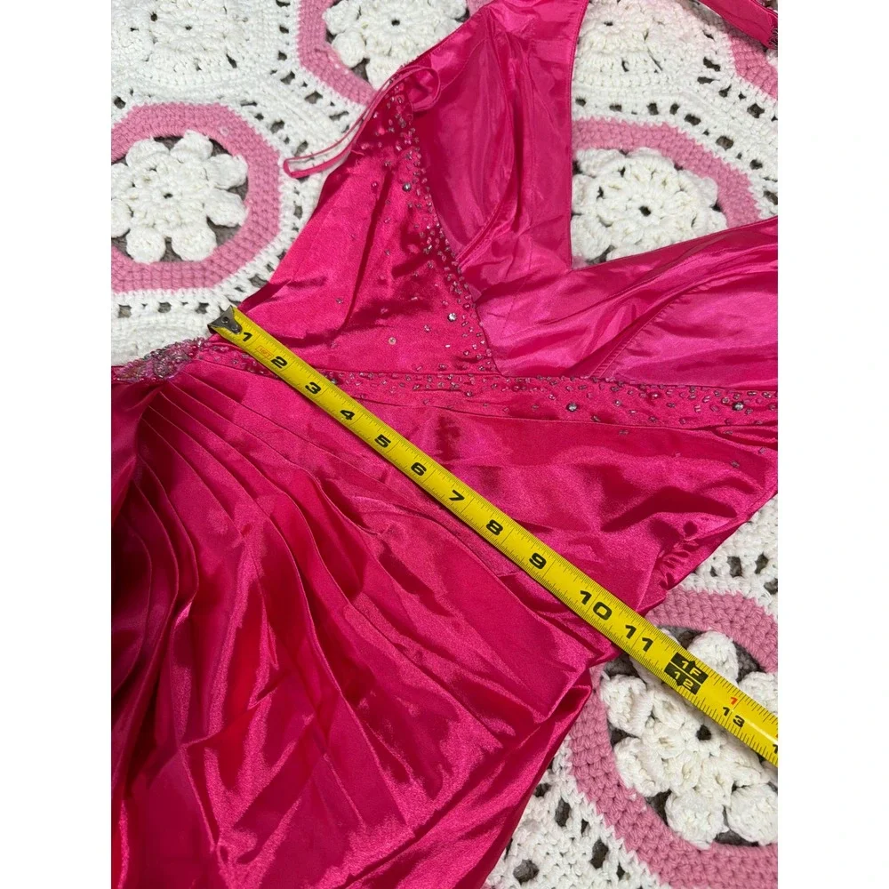 Poly USA Y2K Satin Gown | Hot Pink Beaded Halter | Prom Pageant Formal XS NWT
